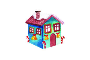Blue House with Christmas Lights - Watercolor