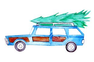 Christmas Wagon with Watercolor Tree