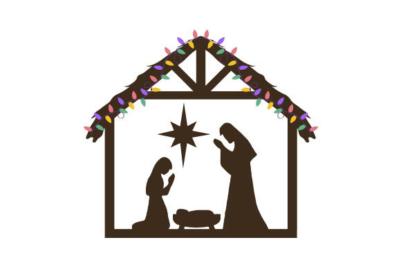 Nativity Scene with Christmas Lights