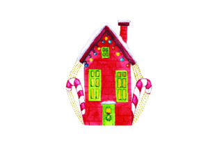 Red House with Christmas Lights - Watercolor